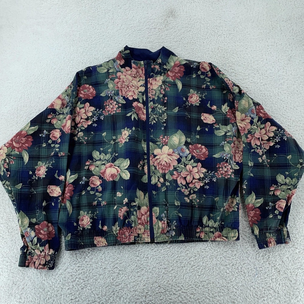 Vintage Orvis Bomber Jacket Womens XL Floral Plaid Full Zip Made in USA 90s
